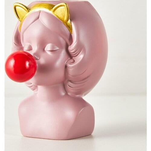 Resin Flower Vase Cute Girl Bubble Gum Figurine Decorative Succulent Plant Flower Pot Modern Home Room Decor Pen Holder Small