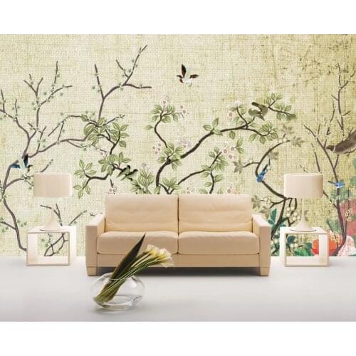 Custom high-end wallpaper-New Chinese style hand-painted brushwork flowers and birds background wall