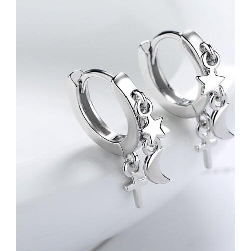 925 Sterling Silver Creative Star Moon Cross Tassel Earrings For Women Ear Jewelry Girl Birthday Gift eh058