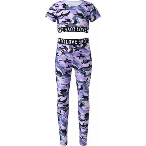 Girls Tracksuit Clothes Set Kids 2Pcs Outfits Camouflage Letter Hem Crop Tops + Sport Leggings Sets for Girl Gymnastics Ballet