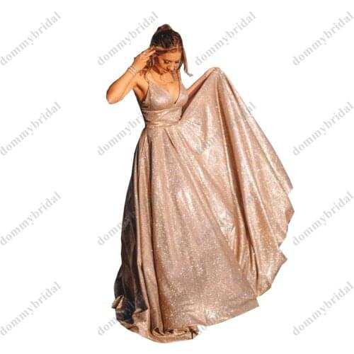 2021 Sparkly Rose Gold Sequined A line Evening Dresses Prom Formal Gowns Deep V neck Open Back Pleated Floor Length Plus size