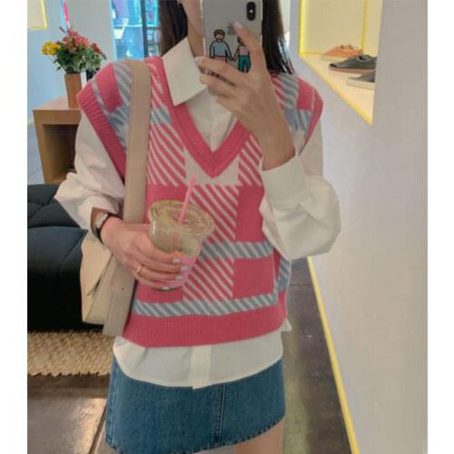 Spring and autumn fashion all-match new knitted vest womens outer wear sleeveless v-neck color-block pullover sweater casual