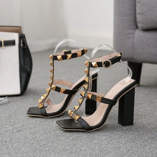 Women Sandals Chunky Heels Design Rivet Decoration Square Open Toe Rivet High Heels Buckle Strap Rubber Height Increasing