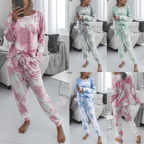 Loungewear Casual Tie-Dye Suits Women Loose Long Sleeve Suits Elastic Waist Homewear Sleepwear