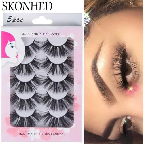 5Pairs 3D Mink Eyelashes Wispies Fluffy Cross Dramatic Eye Lashes Multilayered Cruelty-Free Handmade False Eyelashes Makeup Tool
