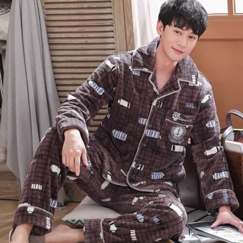 Flannel Flano Man Boy Turn-down Collar Button-Down Winter Pajamas Warm comfy in-home Sleepwear Nightwear cute Pajama A Set HDE