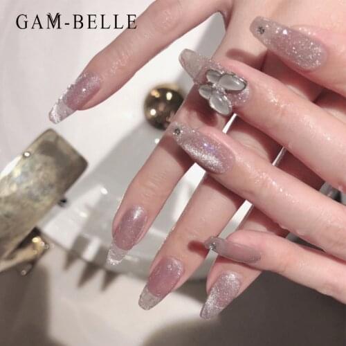 GAM-BELLE 24Pcs Cat Eye Phototherapy Fake Nails With 3D Butterfly French Long Ellipse Full False Press On Nails Manicure Tool