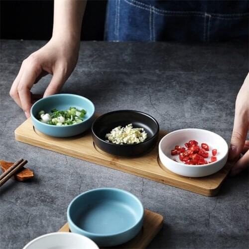 Nordic Ceramic Seasoning Dish with Bamboo Tray Set Restaurant Soy Sauce Vinegar Dish Porcelain Snack Dried Fruit Plate Tableware