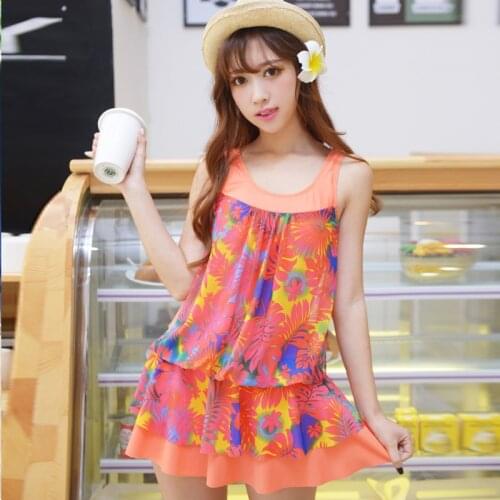 Swimsuit women belly covering and thin one piece skirt style conservative flat angle small chest gathering large swimwear bathe