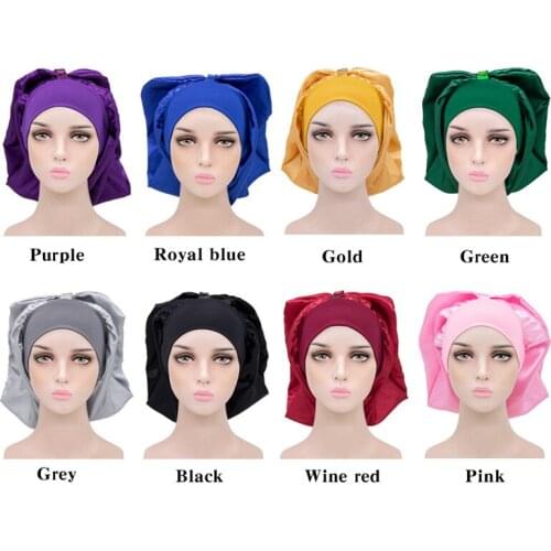 Hot Selling Metal Snap Button Long Satin Nightcap Solid Color Wide Edge Elastic Shower Cap Adult Chemotherapy Cap