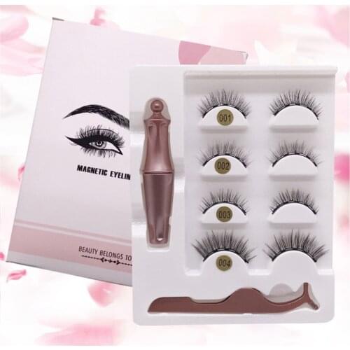 Makeup 4 Pairs/Set Magnetic Eyelashes False Lashes Repeated Use Eyelashes Waterproof Liquid Eyeliner With Tweezer Makeup Set