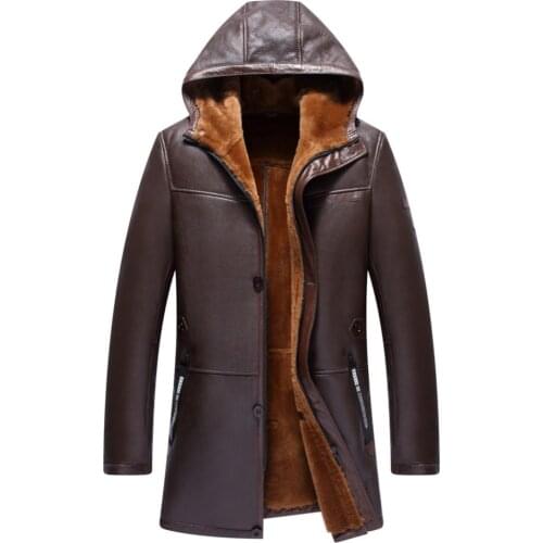 Fur Coat Men Shearling Jacket Slim Hooded Outerwear 100% Genuine Leather Parka Warm Long Coat TJ8116