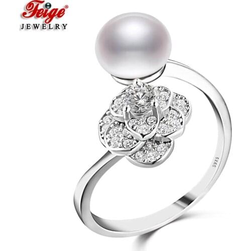 Fashion Rose 925 Sterling Silver 3 Colors Freshwater Cultured Pearl Rings for Ladies Fine Zircon Rings Pearl Jewelry FEIGE
