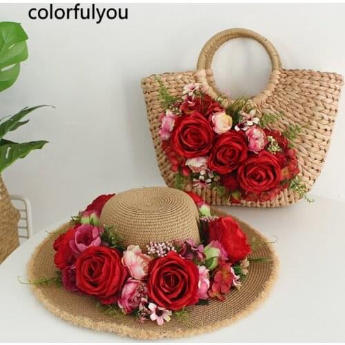 Summer Women Handbag Set NEW Beach Bag Handmade Flowers Woven Large Capacity Luxury Knitting Shopping Bag with Sun Hat