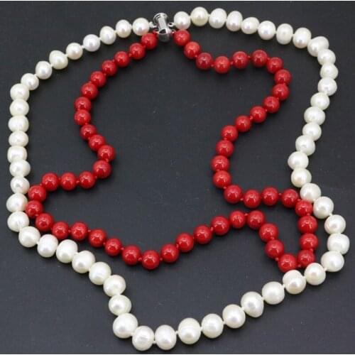 Charming 2 Row Necklace Natural White Pearl 8-9mm/Red Coral 7mm Round Beads Womens Chain Jewelry Wedding Gift 17-18inch B3454