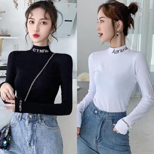 Autumn Women Inside Letter Embroidery Half High Collar Slim Sweater Fashion Korean Tops Knitwear Pullover Black White TT0094