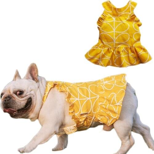 Yellow Leaves Dog Dress Party French Bulldog Ring Collar Chihuahua Dog Dresses For Medium Large Dogs Cotton Girl Pets Clothing 5