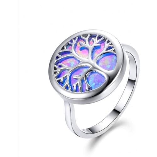 Silver Plated Round Tree of Life 2 Colors Opalite Opal Finger Ring for Anniversary Gift Jewelry