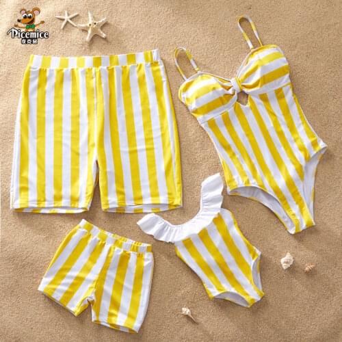 Family Swimsuits Yellow Stripe Swimwear Mom And Daughter Mommy And Me Swimsuit Men Boys Beach Shorts Family Matching One Piece