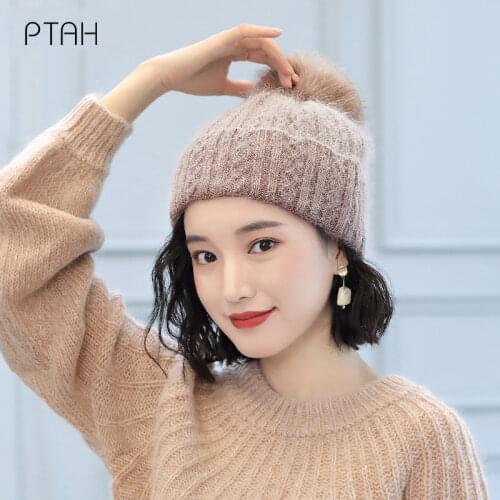 [PTAH] Knitted Hat Women Winter Hats for Women Ladies Brand Pure Color Outdoor Girls Cap Female Winter Warm Softer Woolen Hats