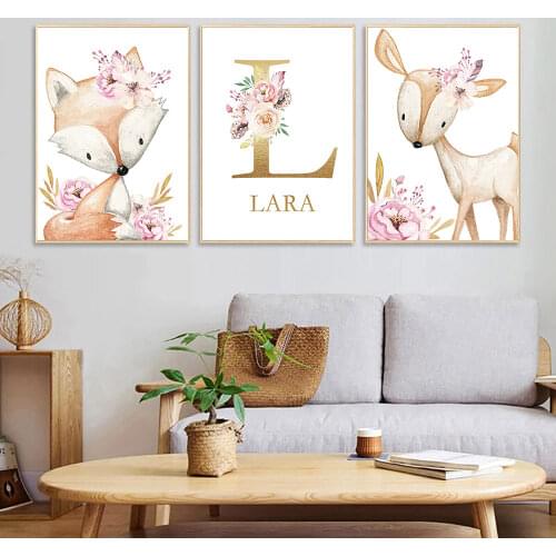Unframed Canvas Poster Woodland Animal Print Nursery Painting Wall Art Pink Flowers Poster paintings picture Canvas Printings