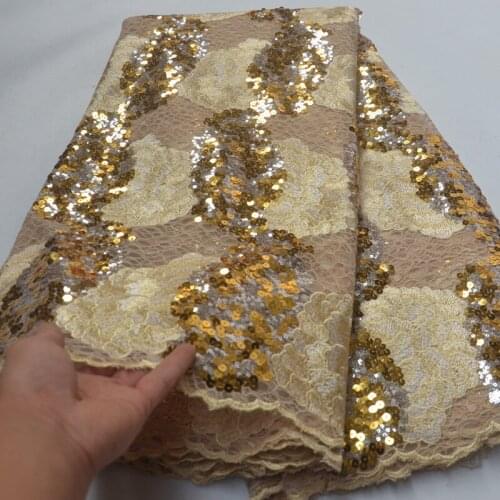 High quality gold African tulle mesh lace fabric French net lace with gorgeous sequins embroidery for party dress FLP198