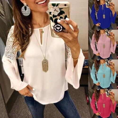 Women Blouses Chiffon Lace Patchwork Flare Sleeve Blusas Work Shirts Womens White Blouse Female Autumn Tops