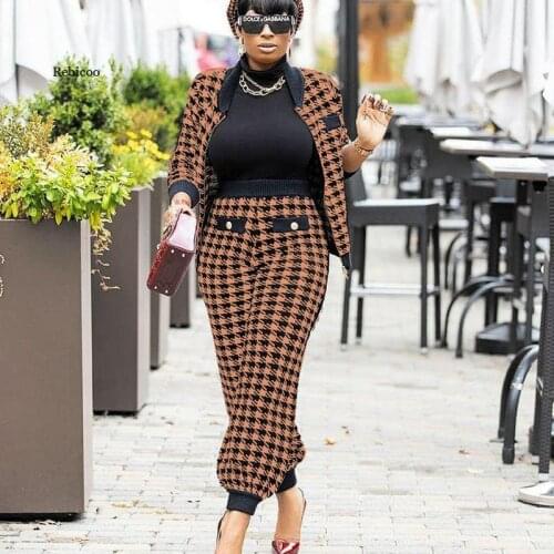 Womens Fashion Casual Suit Houndstooth Printed Button Coat + Trousers Two-Piece Suit