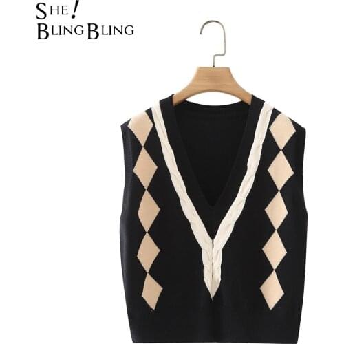 SheBlingBling Za Woman 2021 Vests Traf Crop Tops Autumn Winter Argyle Jacquard Knit Jumpers Sleeveless V Neck Sweaters Gilets