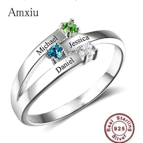 Amxiu Custom 100% 925 Sterling Silver Ring Engrave Three Names with Birthstones Rings For Mothers Day Women Party Birthday Gift