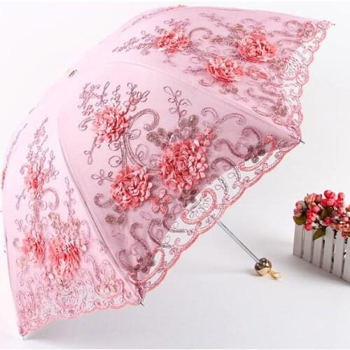 Flowers Embroidery Lace Rain Sun Umbrella for Women Portable 3-fold UV Double Layer Umbrella Exquisite Parasol Gift for Female