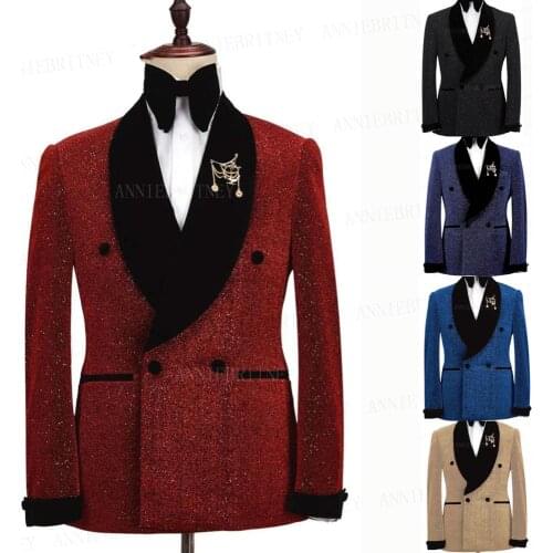 Double Breasted Shiny Red Suit Men Tailored Groom Prom Wedding Suit Tuxedo Singers Party Performance Blazer Pants 2 Pieces Set