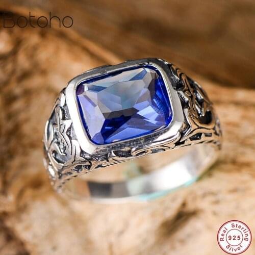 Real Pure 925 Sterling Silver colour Rings For Men Blue Natural Crystal Stone Ring Vintage Hollow Engraved Flower Fine Jewelry