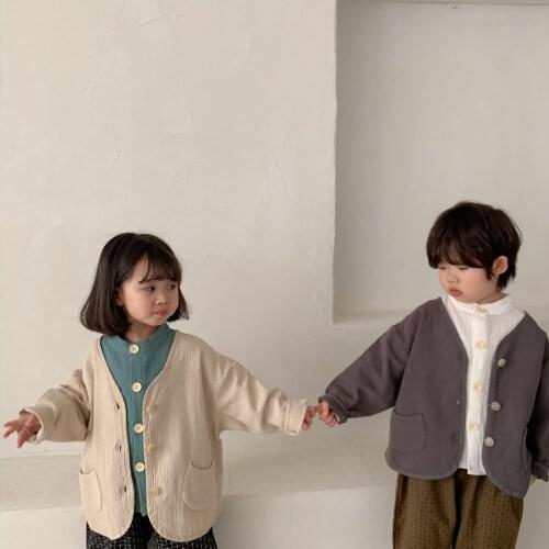 2021 Spring New Japanese Style Boys and Girls Cotton and Linen Solid Jacket Cardigan Childrens Short Jacket Baby Solid Outwear