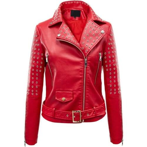 Spring Autumn PU Leather Biker Jacket Women Slim Coat Chic Red Black Hollow Motorcycle Jackets Ladies Windbreaker Streetwear New