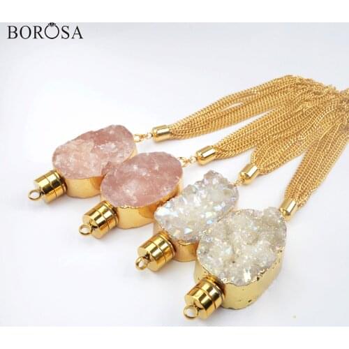BOROSA Gold Plating Natural Agates Druzy Tassels Pendant Rose Crystal Quartz Charms Necklace for Essential Oil Decoration G1981