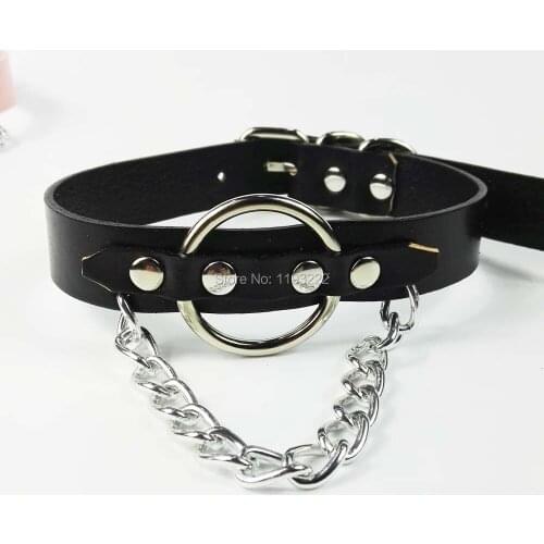 Lolita Harajuku Punk Gothic Handmade Chain Link BDSM Collar Leather O Circle Fetish Choker Necklace
