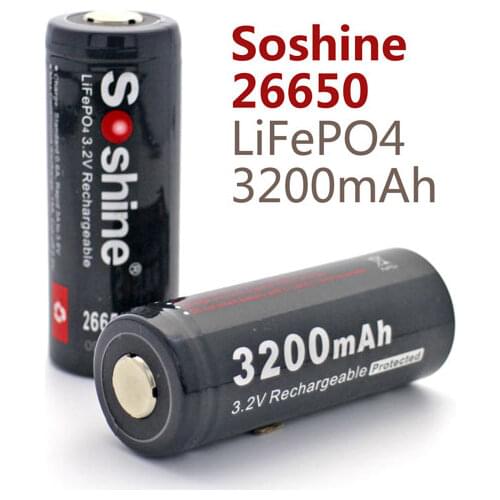 Soshine 2pcs Original 26650 Battery 3.2V 3200mAh LiFePO4 26650 Rechargeable Battery Protected Battery with Battery Case