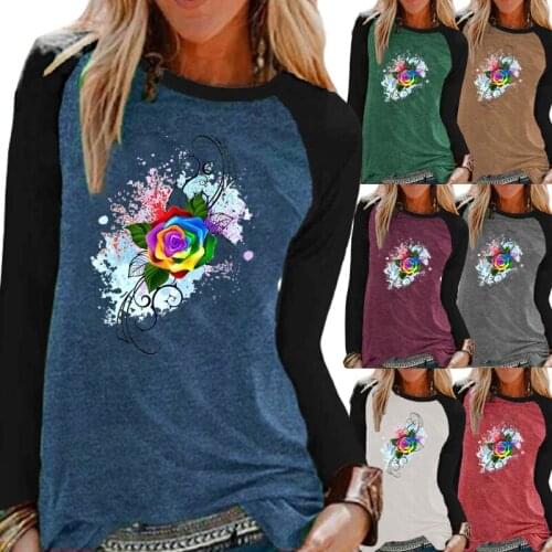 Autumn and Winter Fashion Women Printing Graphic Tee Raglan Long Sleeve Round Neck Pullover Plus Size Loose Casual Shirt XS-5XL