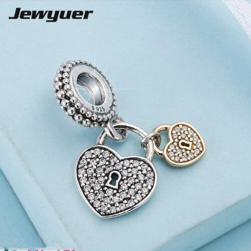 Silver Love Locks charms 925 sterling silver jewelry with gold heart pendant fit bead bracelets necklace diy for women GD087