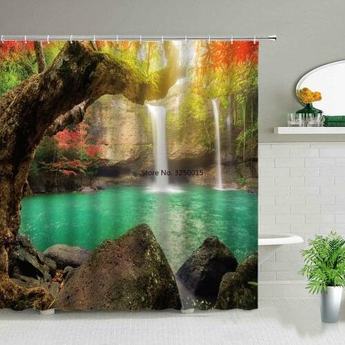 Waterfall Landscape Flower Birds Shower Curtains Summer Natural Scenery Waterproof Curtain Home Bathroom Decor Polyester Cloth