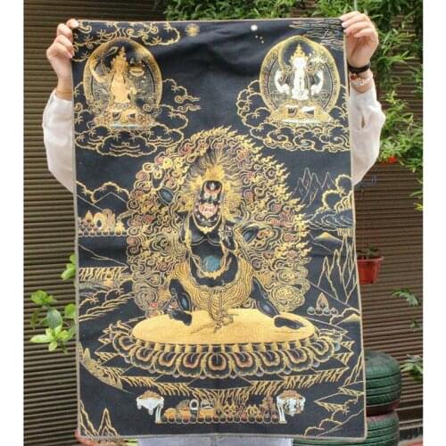 36" Tibet Buddhism Silk ClothMahakala Wrathful Deity Embroidery Thangka Mural