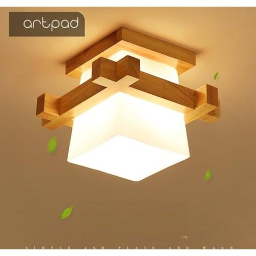 Japanese Warmly Home Cottage Tatami Wood Ceiling Lamp Led With Glass Lampshade Corridor Hallway Balcont E27 Modern Ceiling Light