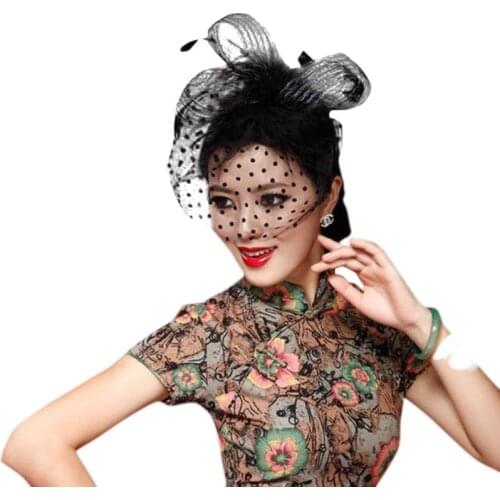 Womens Retro Wave Point Mesh Veil Hat Fluffy Feather Solid Color Alligator Hair Clip Half Face Cover Bowknot Fascinator Small Ca