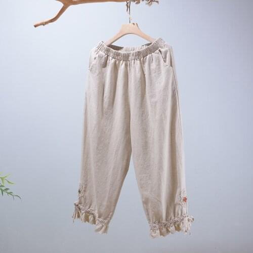Mori Series Japan Style Elastic Waist Casual Pants Women Embroidery Linen Pants Female Daily Wear NWM821-336
