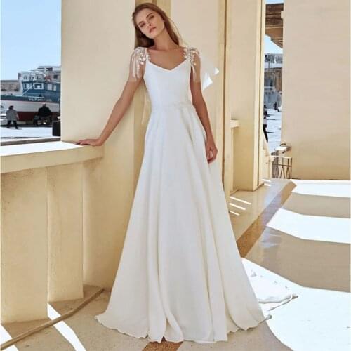 New Elegant A Line Wedding Chiffon V-Neck Simple Spaghetti Bridal Gown 2021 Applique Cap Seeve Gown De Marie Custom Cерьги