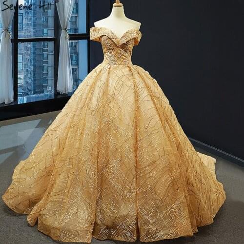 Gold Luxury Off Shoulder Sexy Wedding Dresses 2020 Latest Design Handmade Flowers Beading Bridal Gowns HM66844 Custom Made