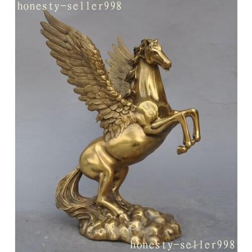 11" Chinese Fengshui Brass Wealth Animal success Zodiac Fly wing Horse Statue