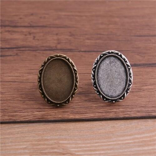 4pcs Fit 18x25mm Glass Cabochons Antique Bronze/Silver color Plated Oval Adjustable Ring Settings Blank/Base 5.1g