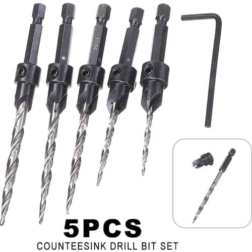5pcs/set HSS 1/4 Hex Shank Screw Twist Drill Bits Set Drilling Pilot Holes Carpentry Reamer Woodworking Chamfer Drill Bit